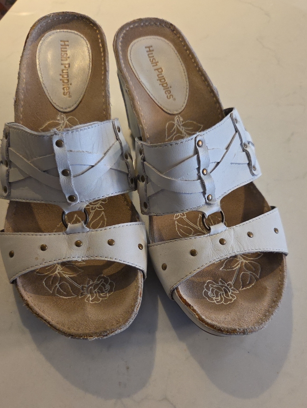 Hush Puppies White Leather Slip-On Studded Sandals